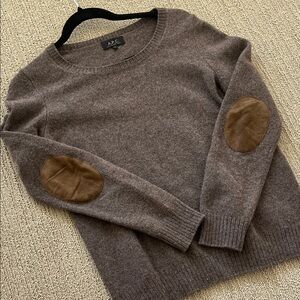 A.P.C. Taupe Sweater with Brown Elbow Patches 100% merino wool